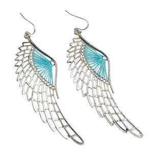 E1044 Blue String Spun Silvertone Wings Dangle Earrings